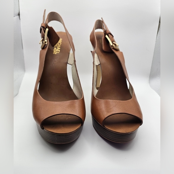 Michael Michael Kors Brown Leather Slingback Peep Toe Platform Heels - Sz 8 - Picture 5 of 7